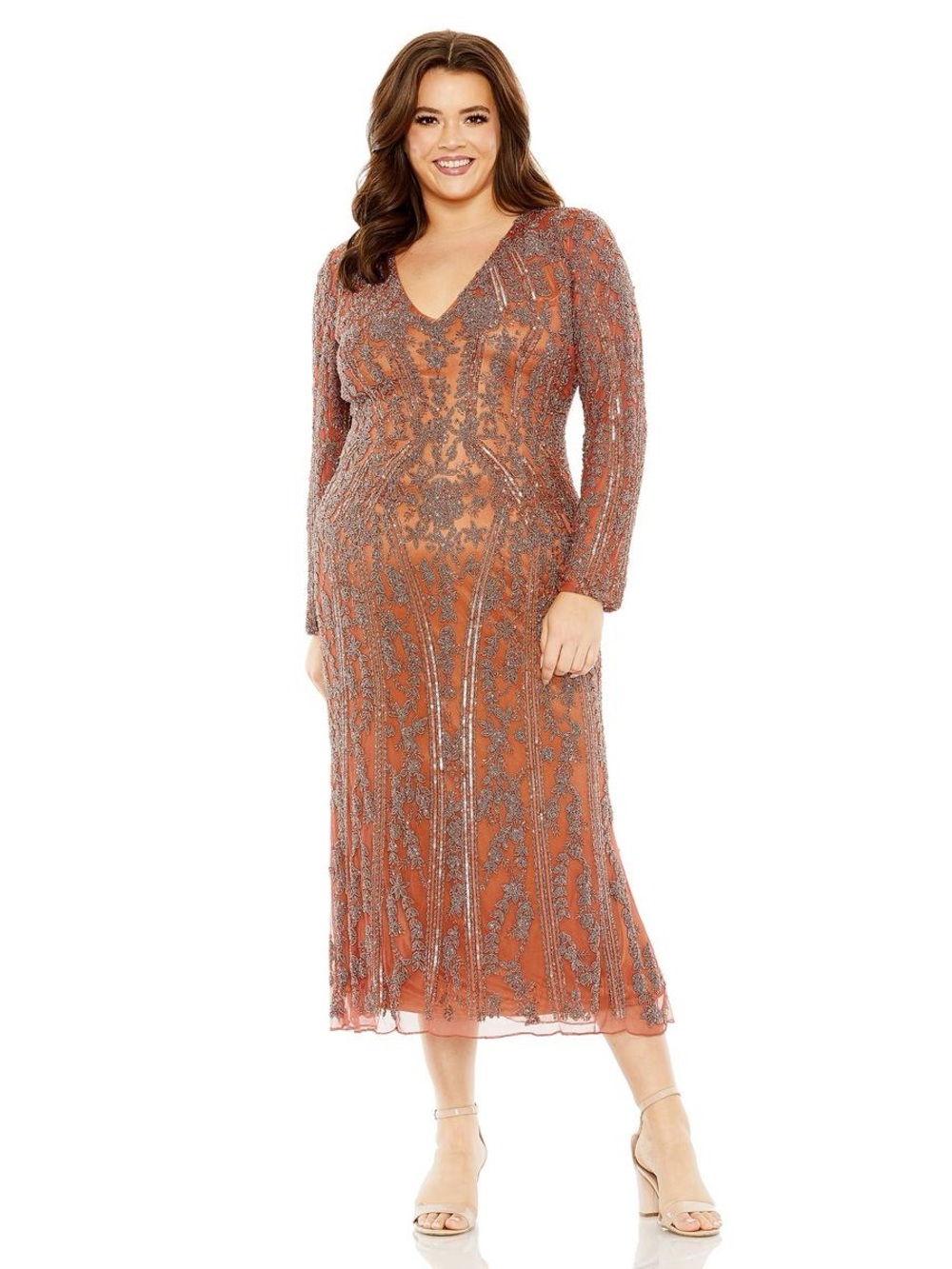 Mac Duggal NWT Rosewood Long Sleeve Beaded Sequin Midi Dress Size 18W